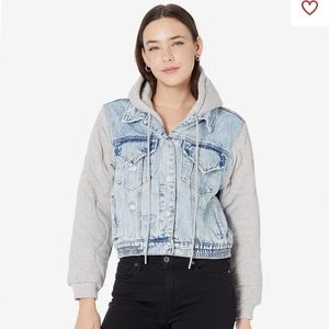 Blank NYC Denim Jacket with Grey Quilted Sleeves and Removable Hood Large